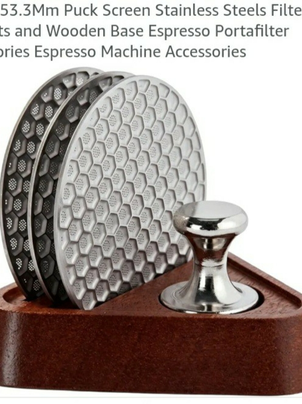Stainless Steel Espresso Puck Screens with Wooden Base and Tamper - Silver